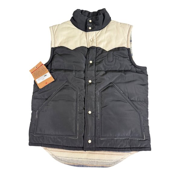 True Religion Mens Med Black/Cream Snap Puffer Vest W/ Leather Yoke NWT